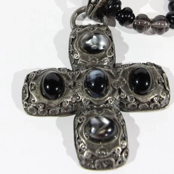 Silver Tone Cross and Black Beaded Necklace - Picture 2 of 6